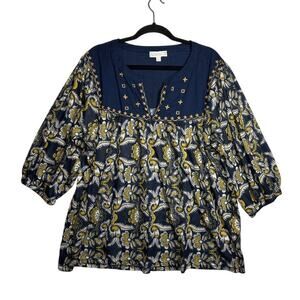 Weekend by Suzanne Betro Floral Embroidered Boho Tunic Blouse Top Blue Gold 2X